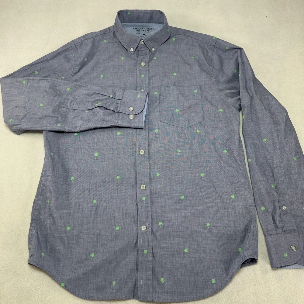 Banana Republic Shirt‎ Mens Medium Blue Palm Tree Luxe Poplin Slim Fit Casual